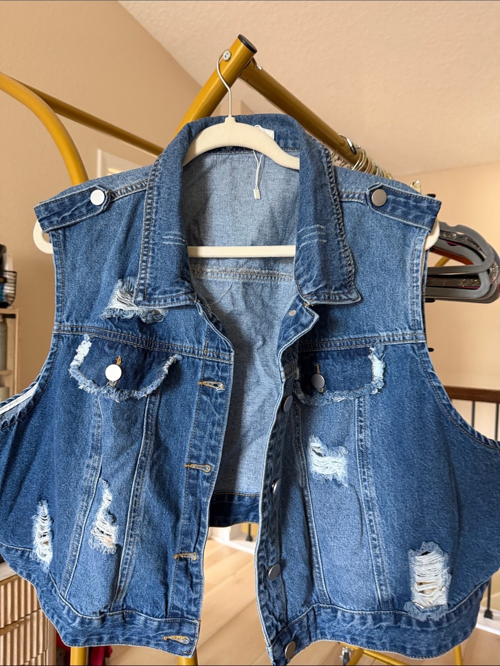 Women's Distressed Blue Denim Vest - Sleeveless Jean Jacket
